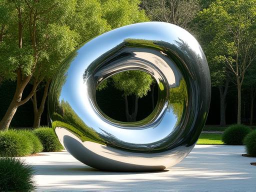 Abstract polished steel sculpture in a garden setting.